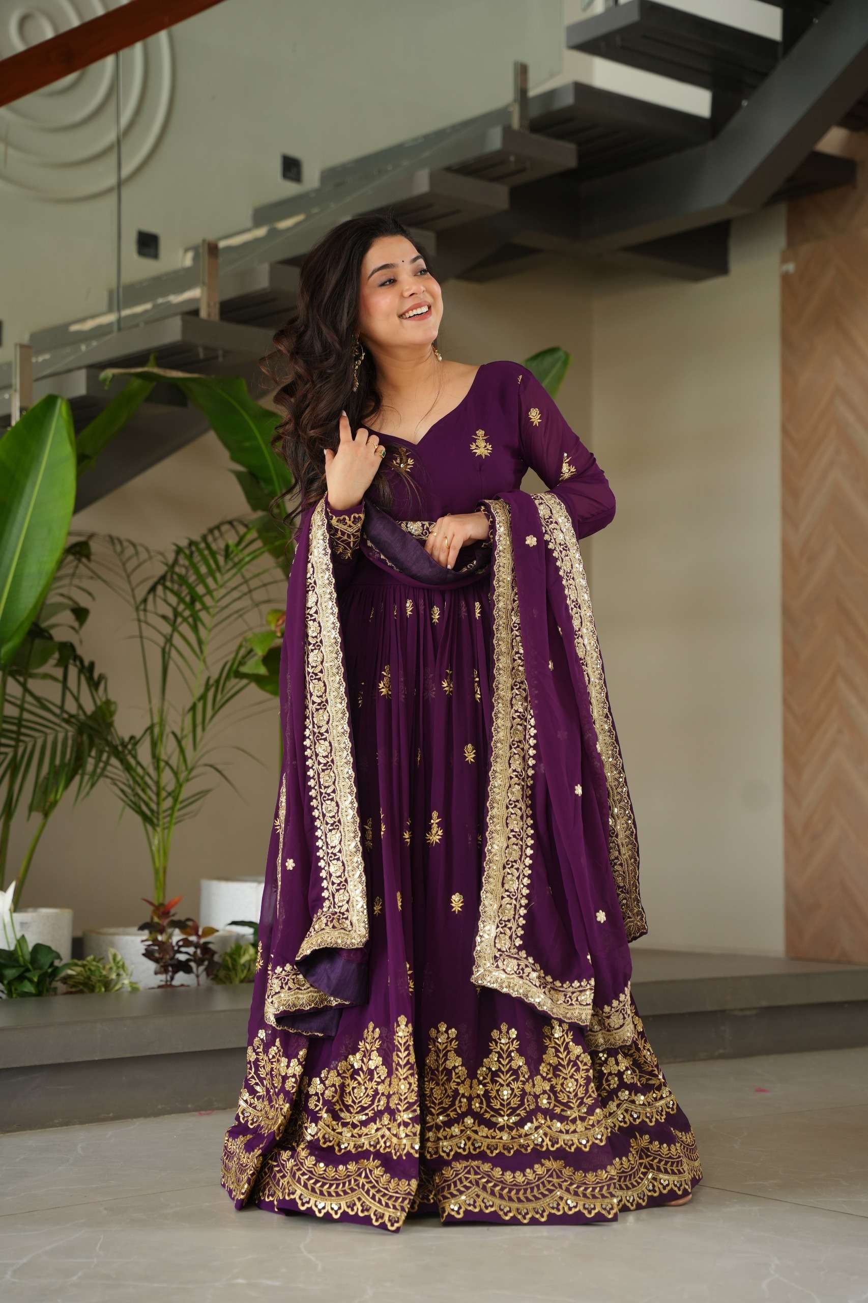 DESIGNER FANCY WEDDING PARTY WEAR BLOOMING GEORGETTE PURPLE ANARKALI SALWAR SUIT GOWN LW 9279 A
