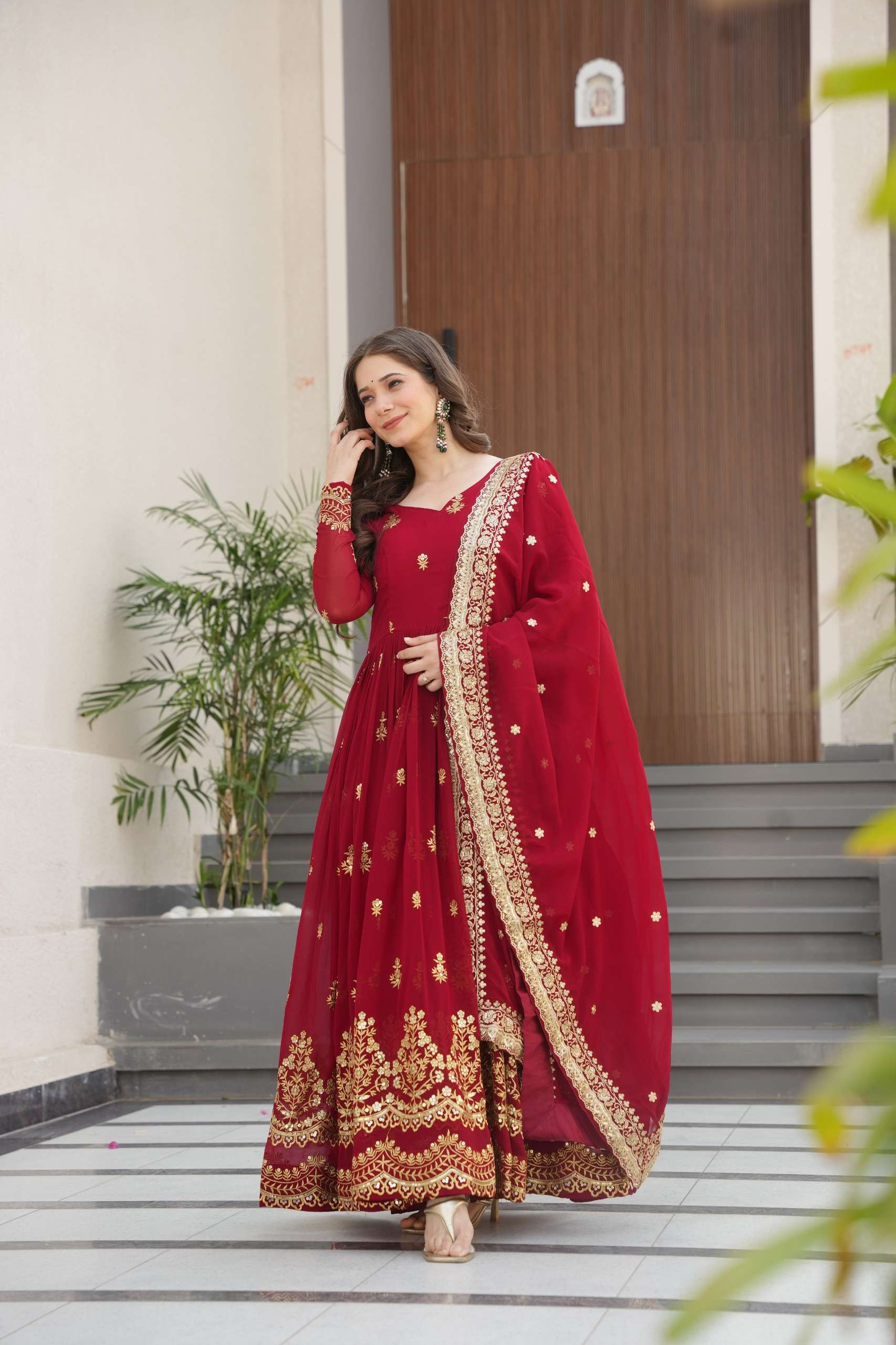 DESIGNER FANCY WEDDING PARTY WEAR BLOOMING GEORGETTE RED ANARKALI SALWAR SUIT GOWN LW 9279 B