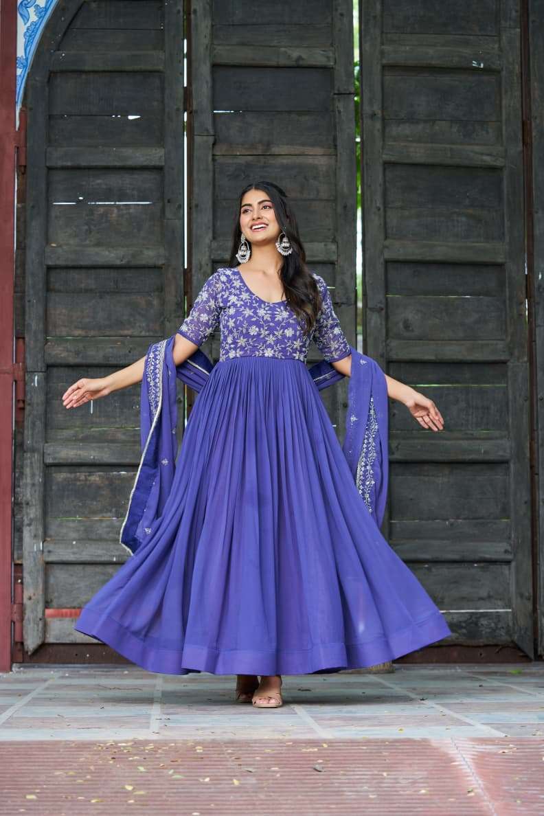 DESIGNER FANCY WEDDING PARTY WEAR BLOOMING GEORGETTE PURPLE ANARKALI SALWAR SUIT GOWN KU1204
