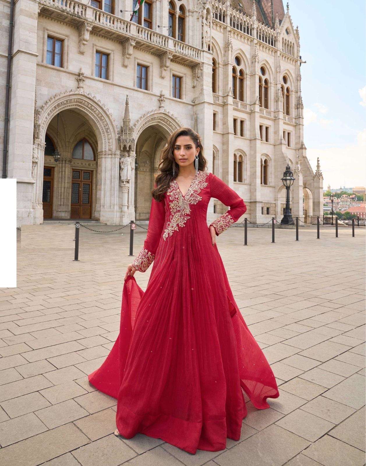 DESIGNER FANCY WEDDING PARTY WEAR CRUSH SILK RED ANARKALI SALWAR SUIT GOWN SY JHALAK 10027