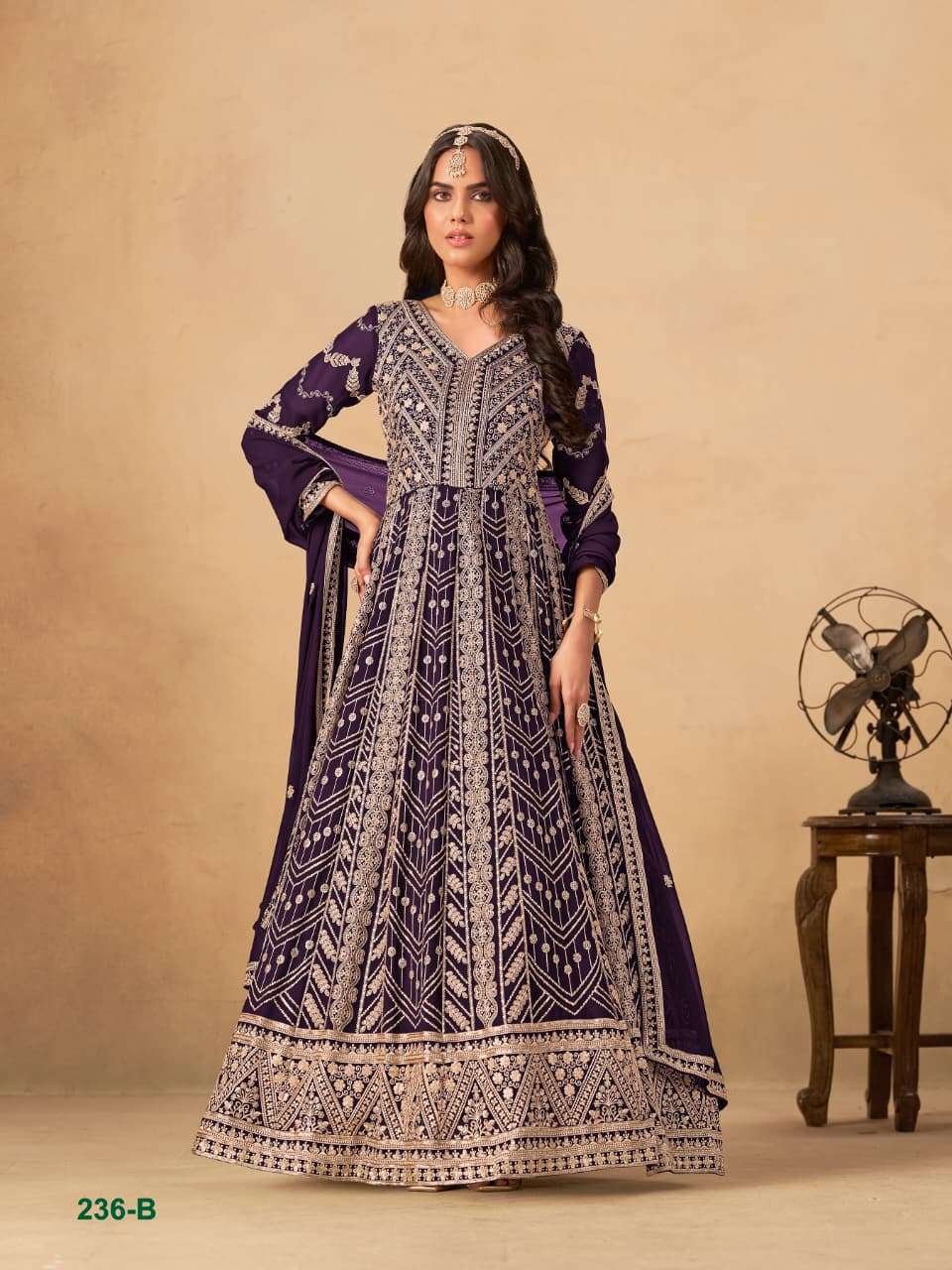 DESIGNER FANCY WEDDING PARTY WEAR FAUX GEORGETTE PURPLE ANARKALI SALWAR SUIT GOWN ANY 236 B