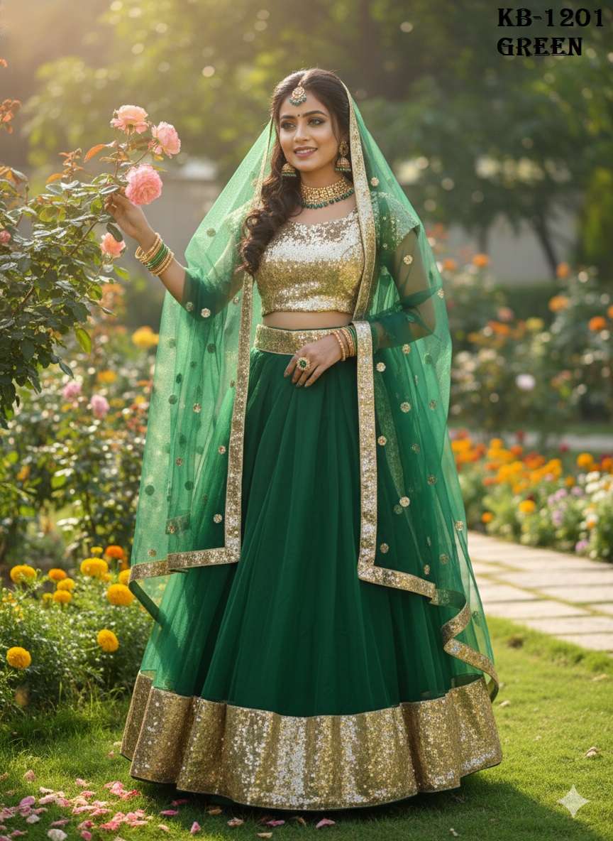 DESIGNER FANCY WEDDING PARTY WEAR GREEN LEHENGA CHOLI IN NET KB 1201 C