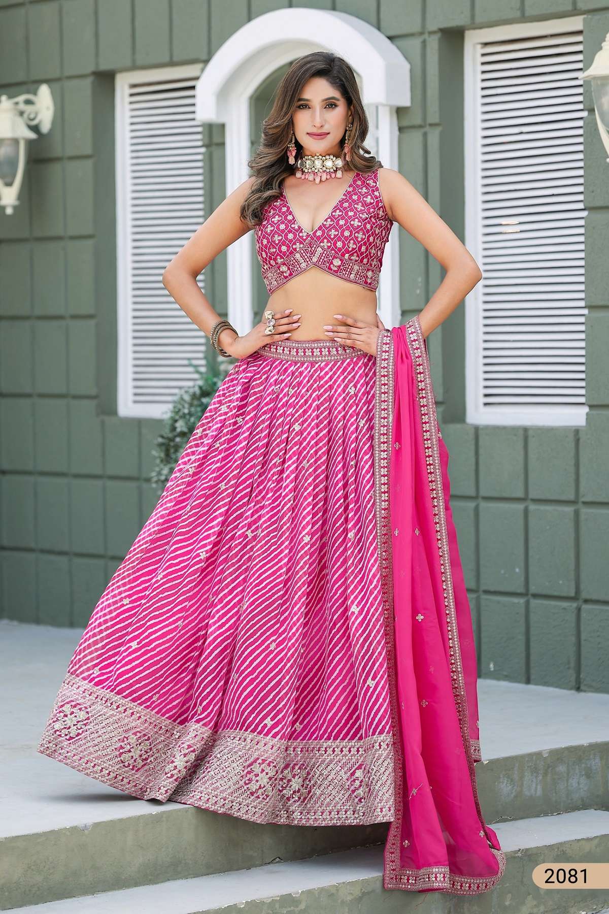 DESIGNER FANCY WEDDING PARTY WEAR PINK ORGANZA LEHENGA CHOLI ANY MHVS 2081