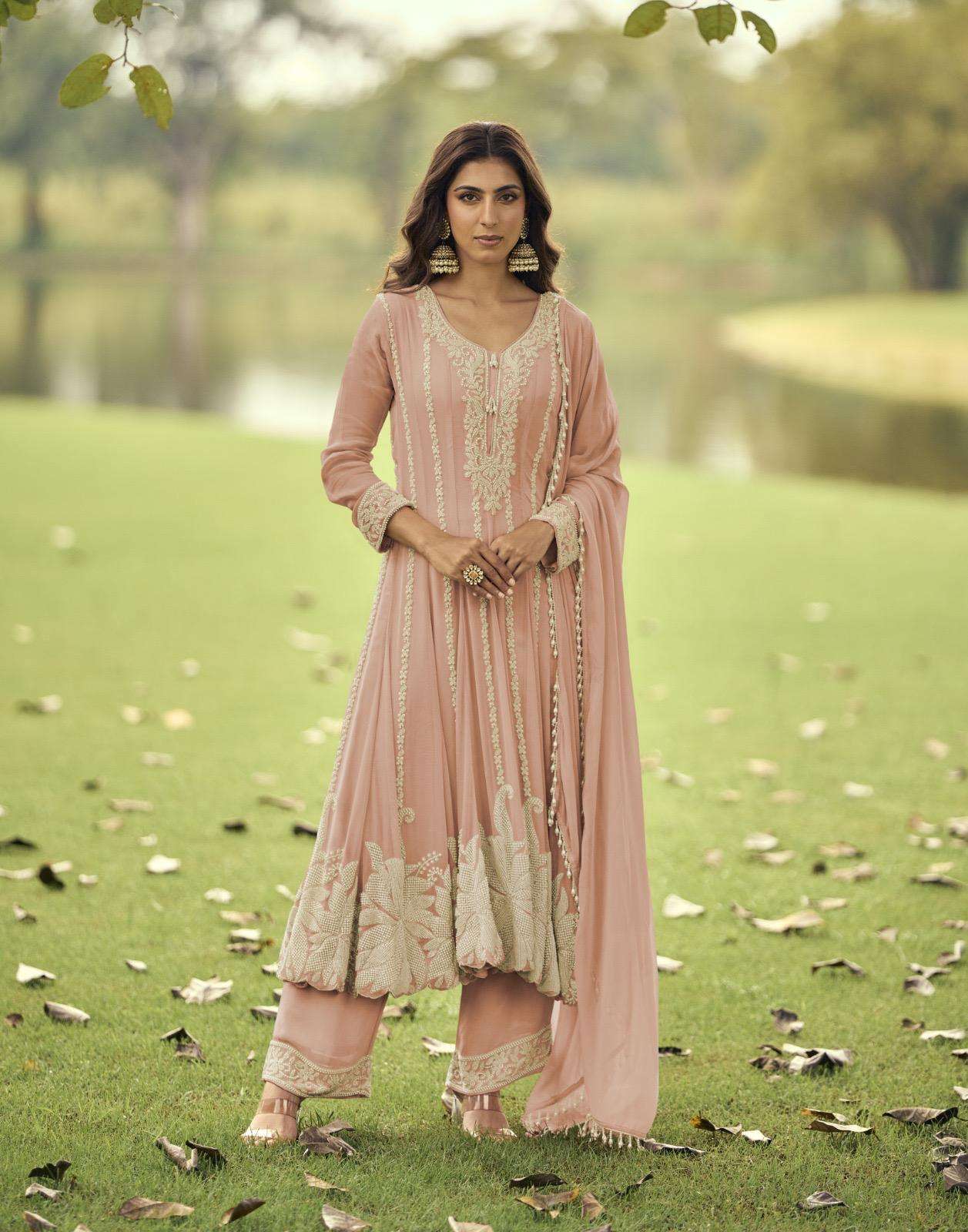 DESIGNER FANCY WEDDING PARTY WEAR PREMIUM GEORGETTE PEACH SEMI ANARKALI SALWAR SUIT SY ISHIKA 10218