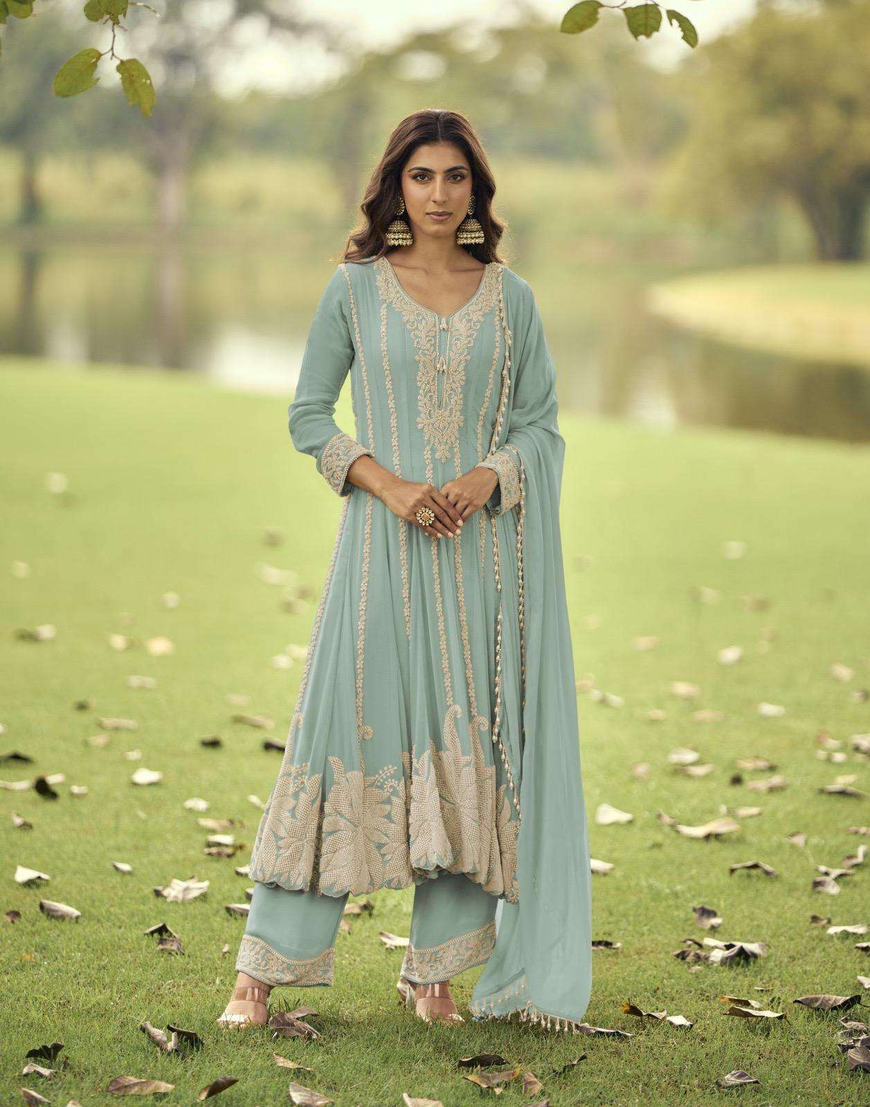 DESIGNER FANCY WEDDING PARTY WEAR PREMIUM GEORGETTE SKY BLUE SEMI ANARKALI SALWAR SUIT SY ISHIKA 10220