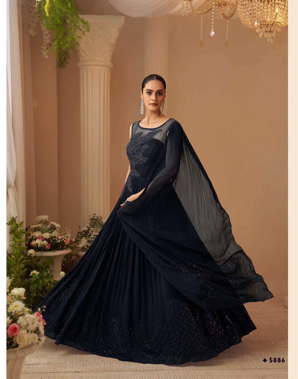 DESIGNER FANCY WEDDING PARTY WEAR REAL CHINON BLUE ANARKALI SALWAR SUIT GOWN SY AAROHI 5886