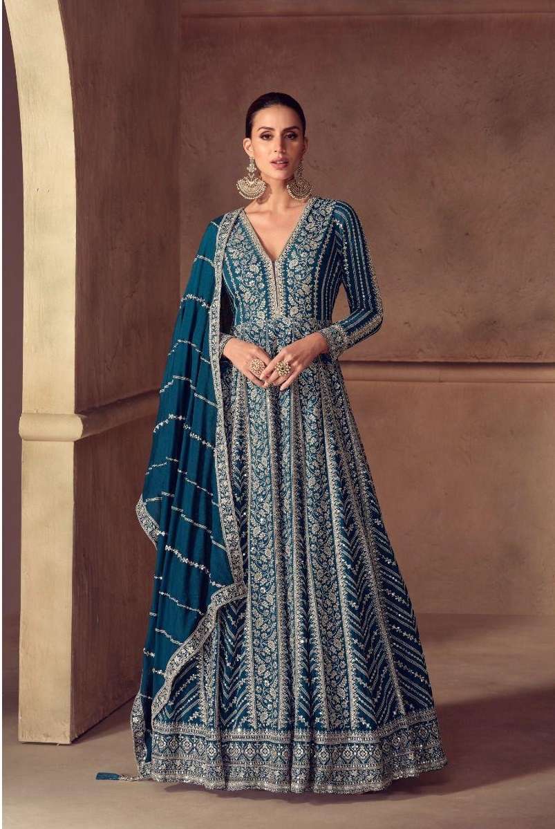 DESIGNER FANCY WEDDING PARTY WEAR REAL CHINON BLUE ANARKALI SALWAR SUIT GOWN GL RIAY 7644 A