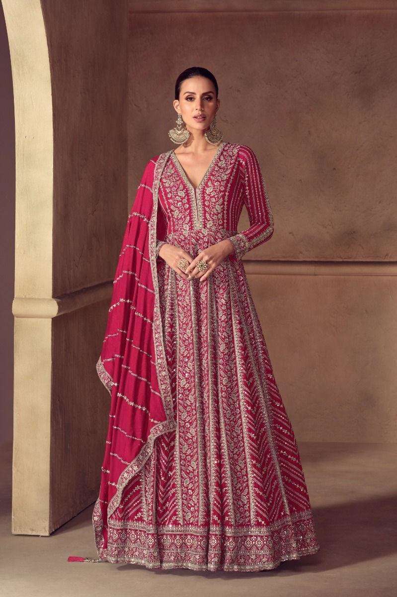 DESIGNER FANCY WEDDING PARTY WEAR REAL CHINON PINK ANARKALI SALWAR SUIT GOWN GL RIAY 7644 B