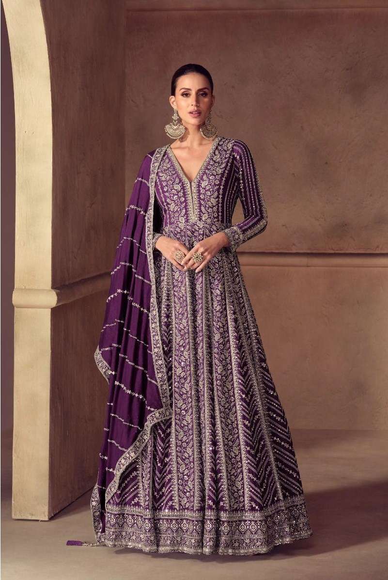 DESIGNER FANCY WEDDING PARTY WEAR REAL CHINON PURPLE ANARKALI SALWAR SUIT GOWN GL RIAY 7644 C