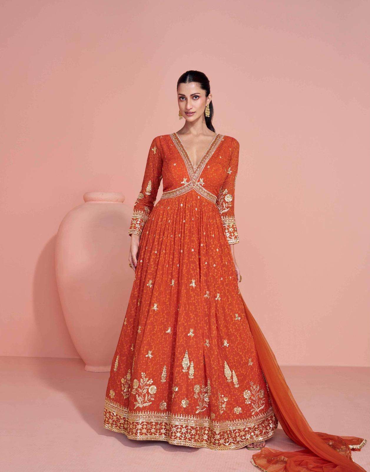 DESIGNER FANCY WEDDING PARTY WEAR REAL GEORGETTE ORANGE ANARKALI SALWAR SUIT GOWN SY NAVYA 5677