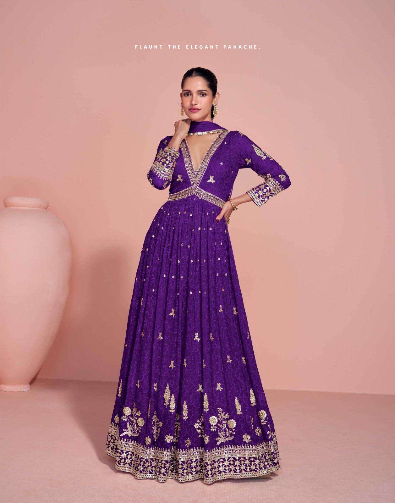 DESIGNER FANCY WEDDING PARTY WEAR REAL GEORGETTE PURPLE ANARKALI SALWAR SUIT GOWN SY NAVYA 5678