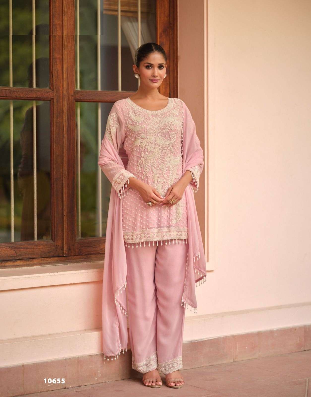 DESIGNER FANCY WEDDING PARTY WEAR REAL GEORGETTE PINK SALWAR SUIT GOWN SY VARINA 10655