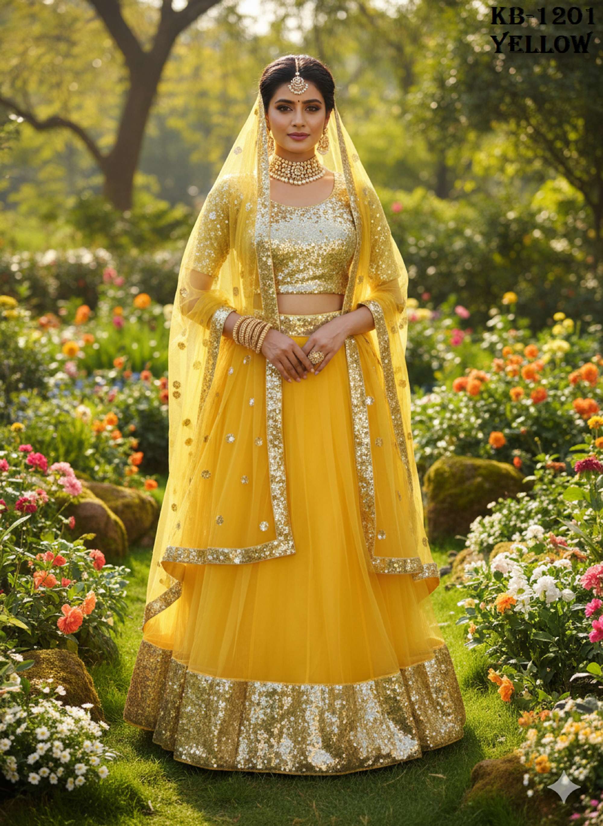 DESIGNER FANCY WEDDING PARTY WEAR YELLOW LEHENGA CHOLI IN NET KB 1201 B