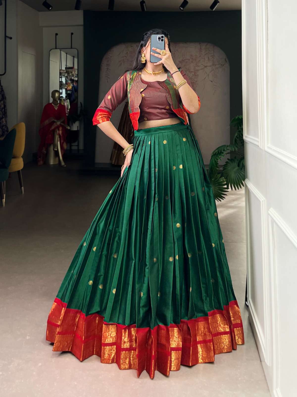 DESIGNER FANCY WEDDING WEAR POLY COTTON GREEN LEHENGA SKIRT BLOUSE COLLECTION NNK 1133 A