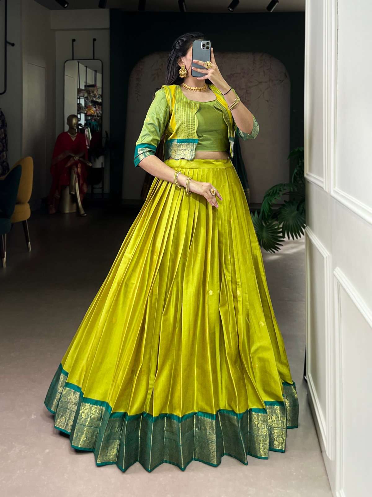 DESIGNER FANCY WEDDING WEAR POLY COTTON GREEN LEHENGA SKIRT BLOUSE COLLECTION NNK 1133 D