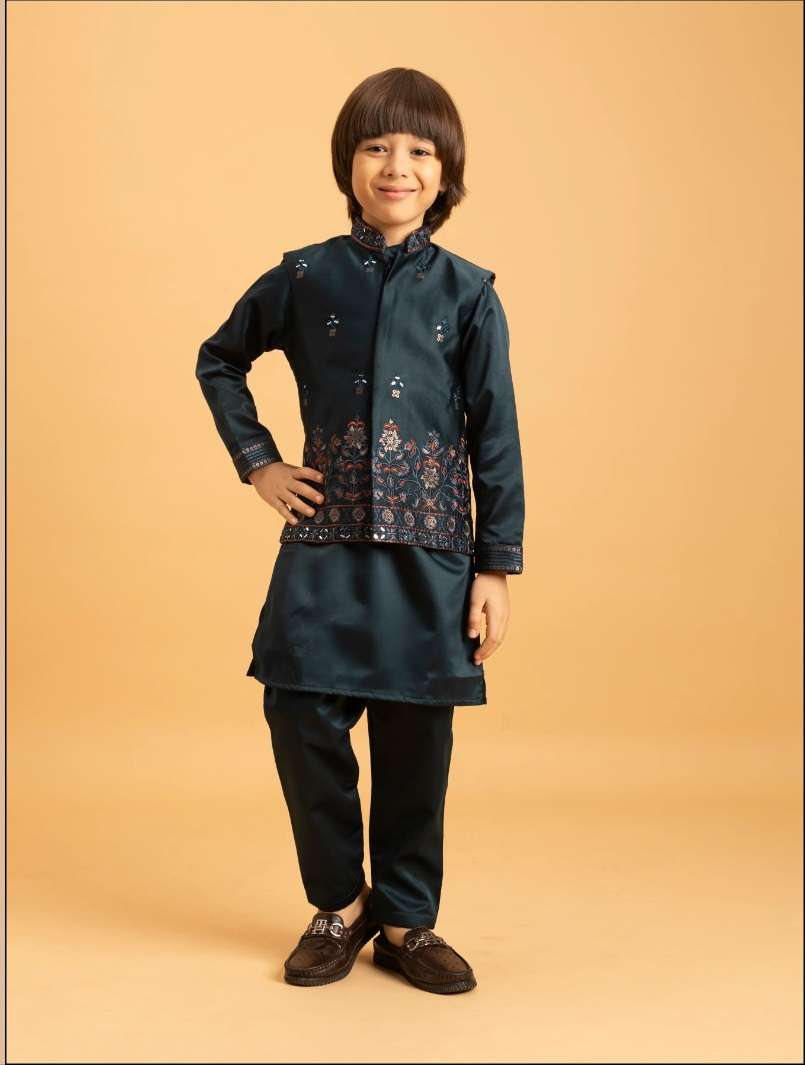 DESIGNER KIDS WEAR KOTI KURTA SET SATIN SILK KIDS GREEN SHERWANI KURTA SET KF 91021