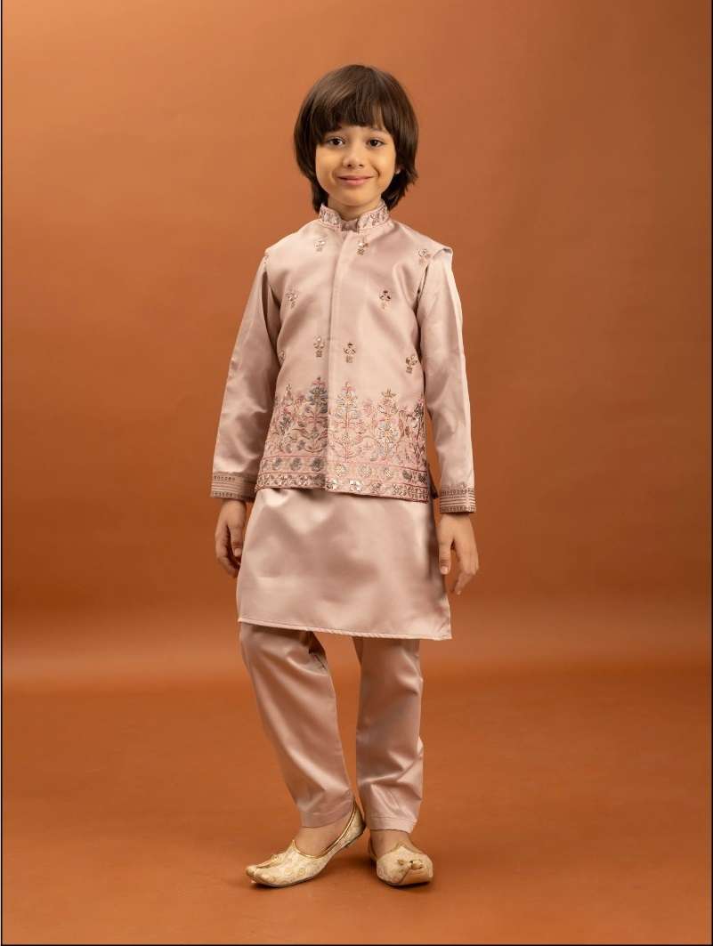 DESIGNER KIDS WEAR KOTI KURTA SET SATIN SILK KIDS PEACH SHERWANI KURTA SET KF 91022