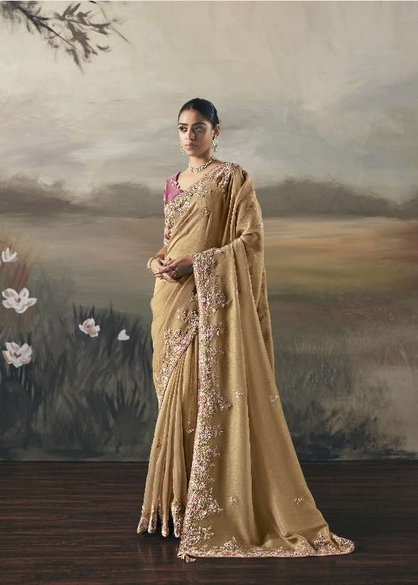 DESIGNER PARTY WEAR HEAVY CHIKU SILK SAREE WITH SEQUENCE WORK COLLECTION SM KIMORA SILSILA 5566