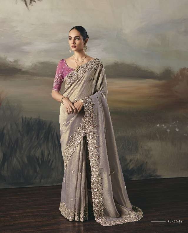 DESIGNER PARTY WEAR HEAVY GREY SILK SAREE WITH SEQUENCE WORK COLLECTION SM KIMORA SILSILA 5569
