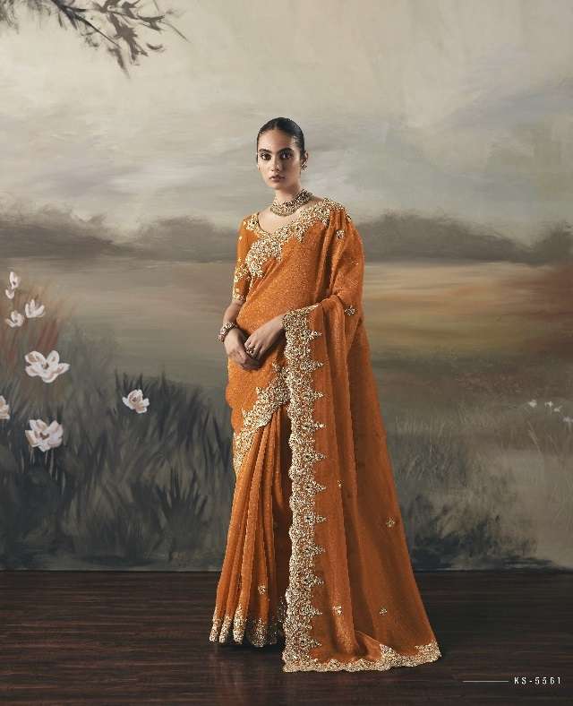 DESIGNER PARTY WEAR HEAVY ORANGE SILK SAREE WITH SEQUENCE WORK COLLECTION SM KIMORA SILSILA 5561