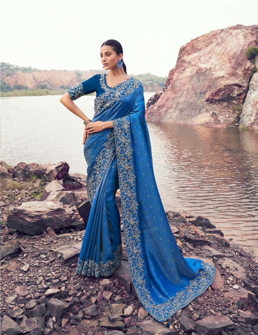 DESIGNER PARTY WEAR HEAVY SILK BLUE SAREE WITH SEQUENCE BEAD WORK COLLECTION SM SULAKSHMI 8601