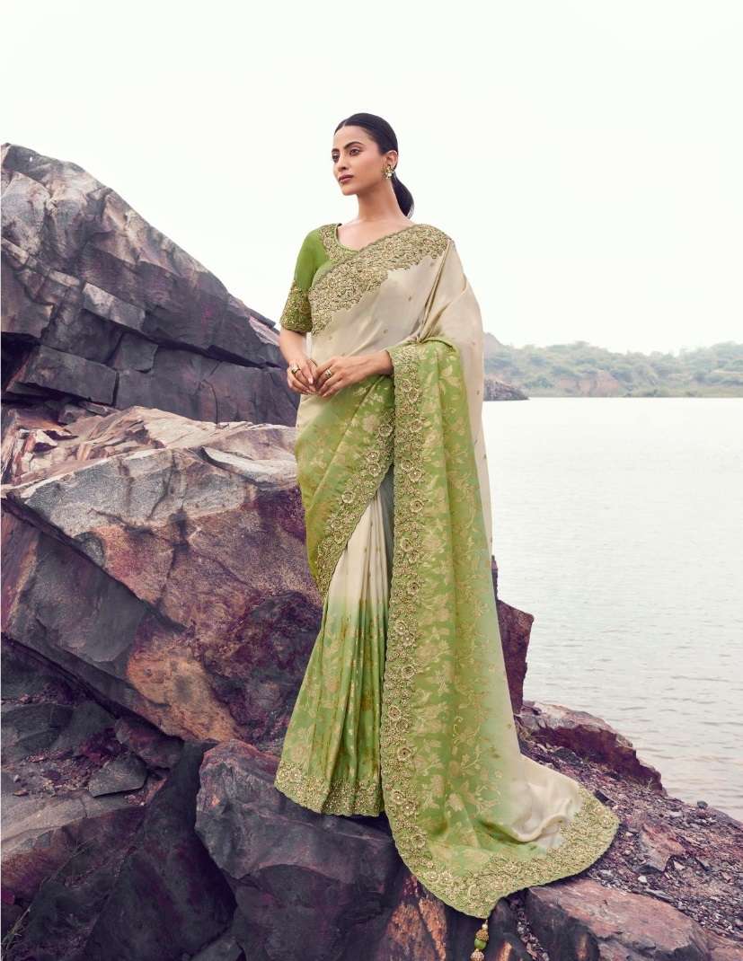 DESIGNER PARTY WEAR HEAVY SILK GREEN SAREE WITH SEQUENCE BEAD WORK COLLECTION SM SULAKSHMI 8612