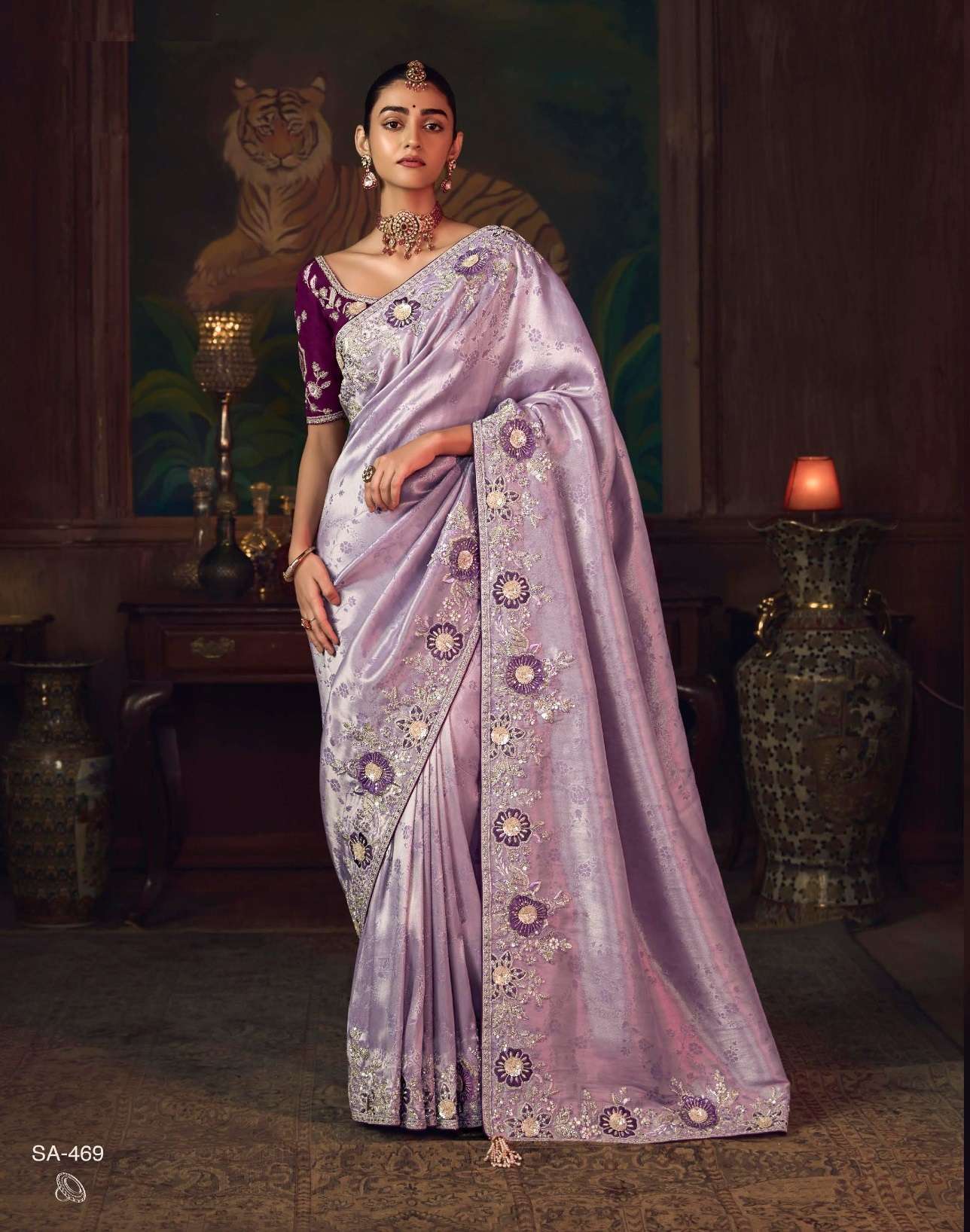 DESIGNER PARTY WEAR HEAVY SILK LAVENDER SAREE WITH SEQUENCE WORK COLLECTION SM KIMORA SHAGUN 469
