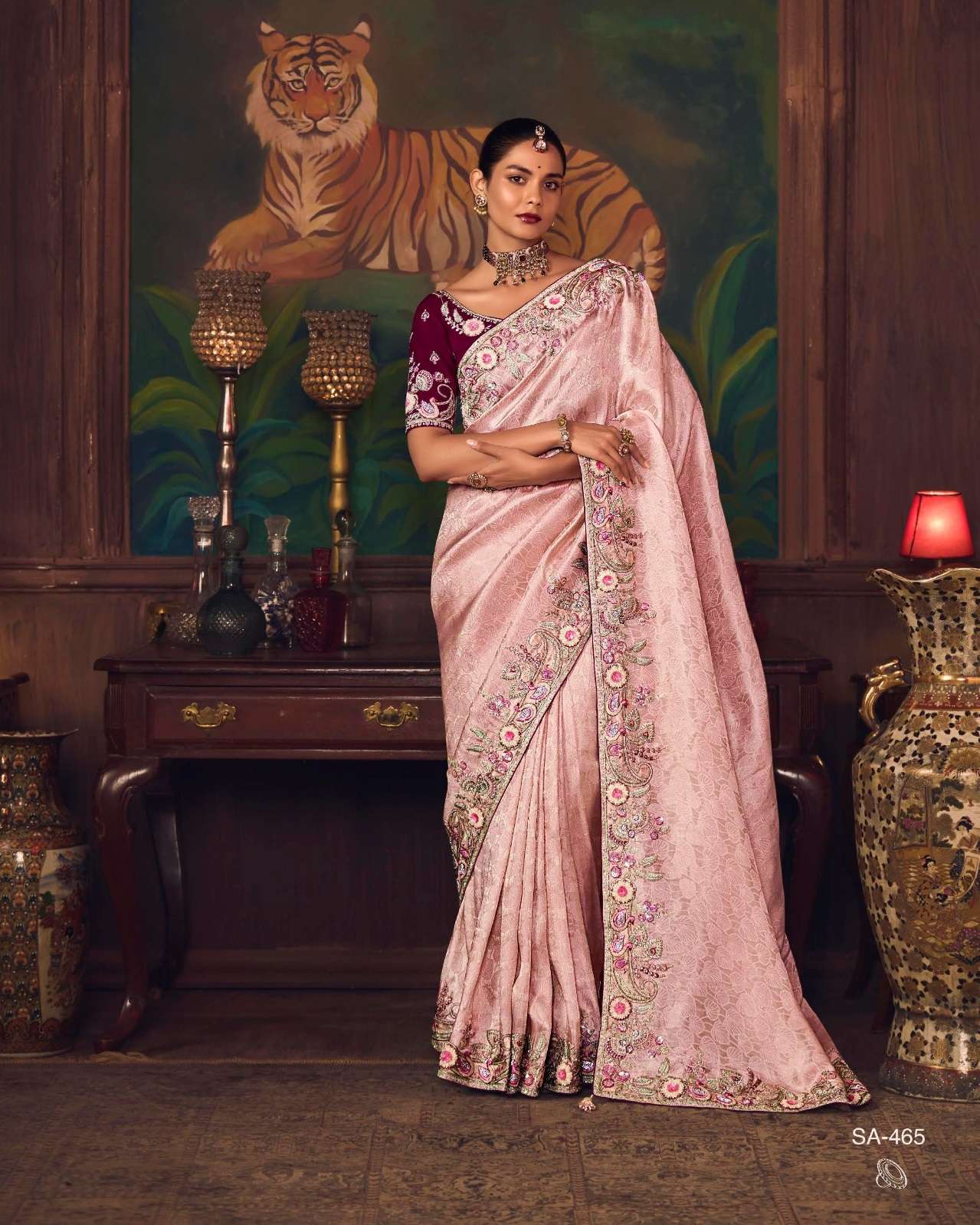 DESIGNER PARTY WEAR HEAVY SILK PEACH SAREE WITH SEQUENCE WORK COLLECTION SM KIMORA SHAGUN 465