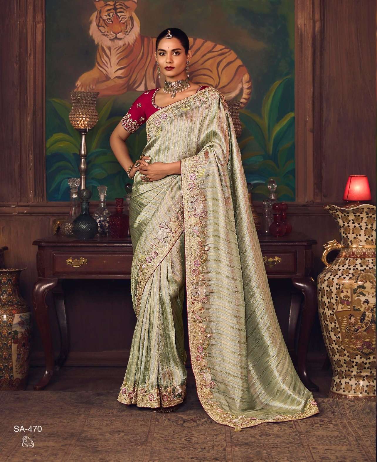 DESIGNER PARTY WEAR HEAVY SILK PISTA GREEN SAREE WITH SEQUENCE WORK COLLECTION SM KIMORA SHAGUN 470