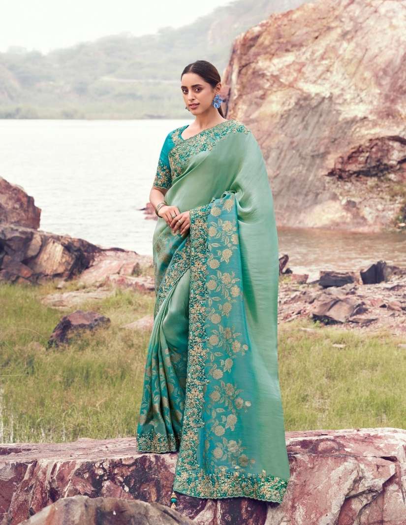 DESIGNER PARTY WEAR HEAVY SILK SKY BLUE SAREE WITH SEQUENCE BEAD WORK COLLECTION SM SULAKSHMI 8606