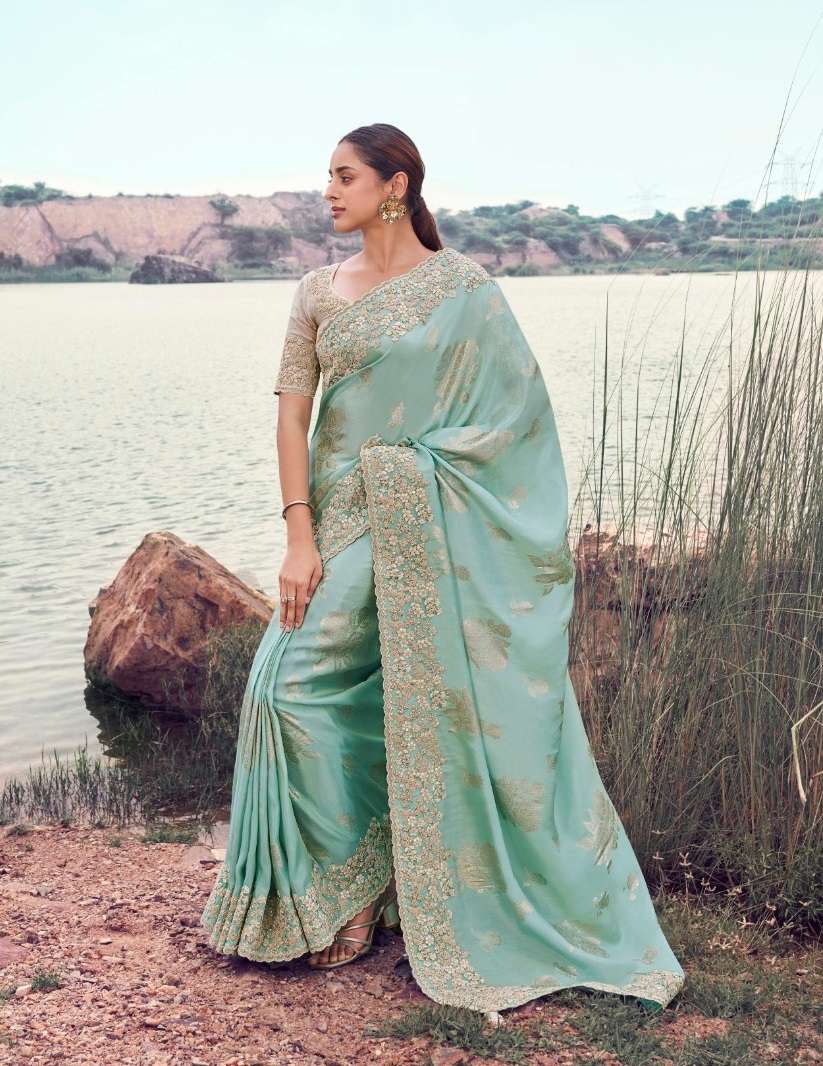 DESIGNER PARTY WEAR HEAVY SILK SKY BLUE SAREE WITH SEQUENCE BEAD WORK COLLECTION SM SULAKSHMI 8614