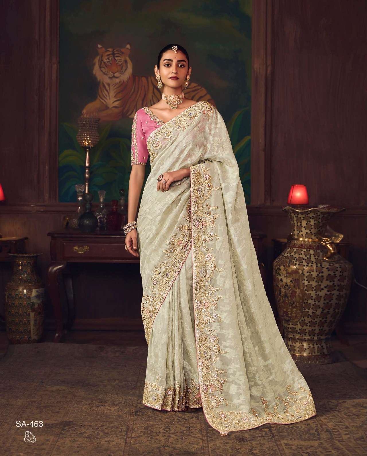 DESIGNER PARTY WEAR HEAVY SILK WHITE SAREE WITH SEQUENCE WORK COLLECTION SM KIMORA SHAGUN 463