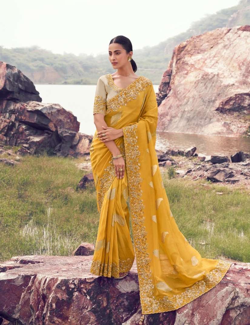 DESIGNER PARTY WEAR HEAVY SILK YELLOW SAREE WITH SEQUENCE BEAD WORK COLLECTION SM SULAKSHMI 8604