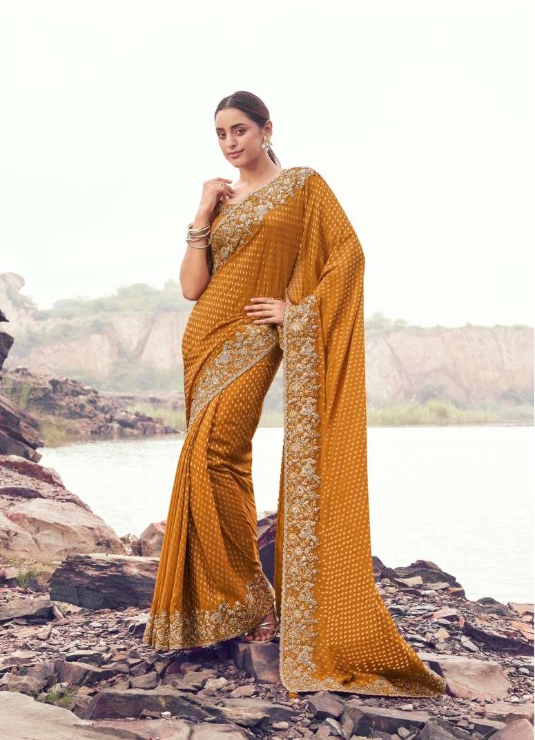 DESIGNER PARTY WEAR HEAVY SILK YELLOW SAREE WITH SEQUENCE BEAD WORK COLLECTION SM SULAKSHMI 8613