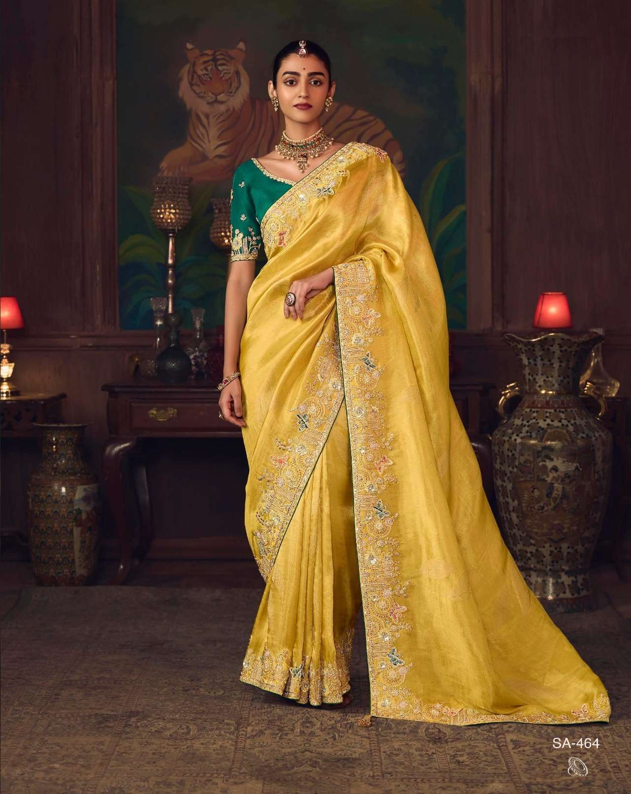 DESIGNER PARTY WEAR HEAVY SILK YELLOW SAREE WITH SEQUENCE WORK COLLECTION SM KIMORA SHAGUN 464