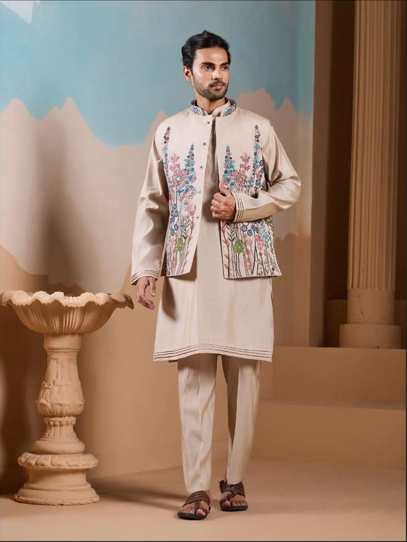 DESIGNER PARTY WEAR READYMADE INDIAN MENS BEIGE SILK KOTI KURTA KF 61395