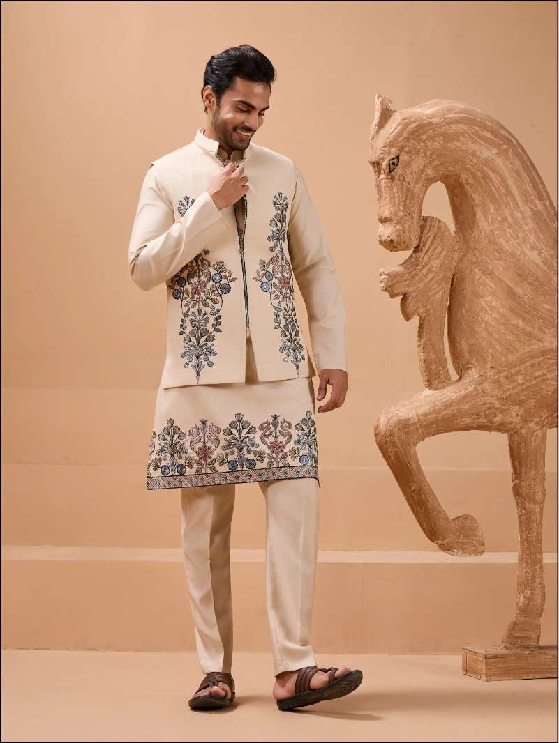 DESIGNER PARTY WEAR READYMADE INDIAN MENS BEIGE VISCOSE SILK KOTI KURTA KF 21024