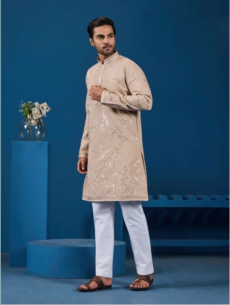 DESIGNER PARTY WEAR READYMADE INDIAN MENS BEIGE VISCOSE SILK KURTA KF 21013