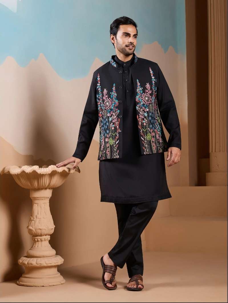 DESIGNER PARTY WEAR READYMADE INDIAN MENS BLACK SILK KOTI KURTA KF 61396