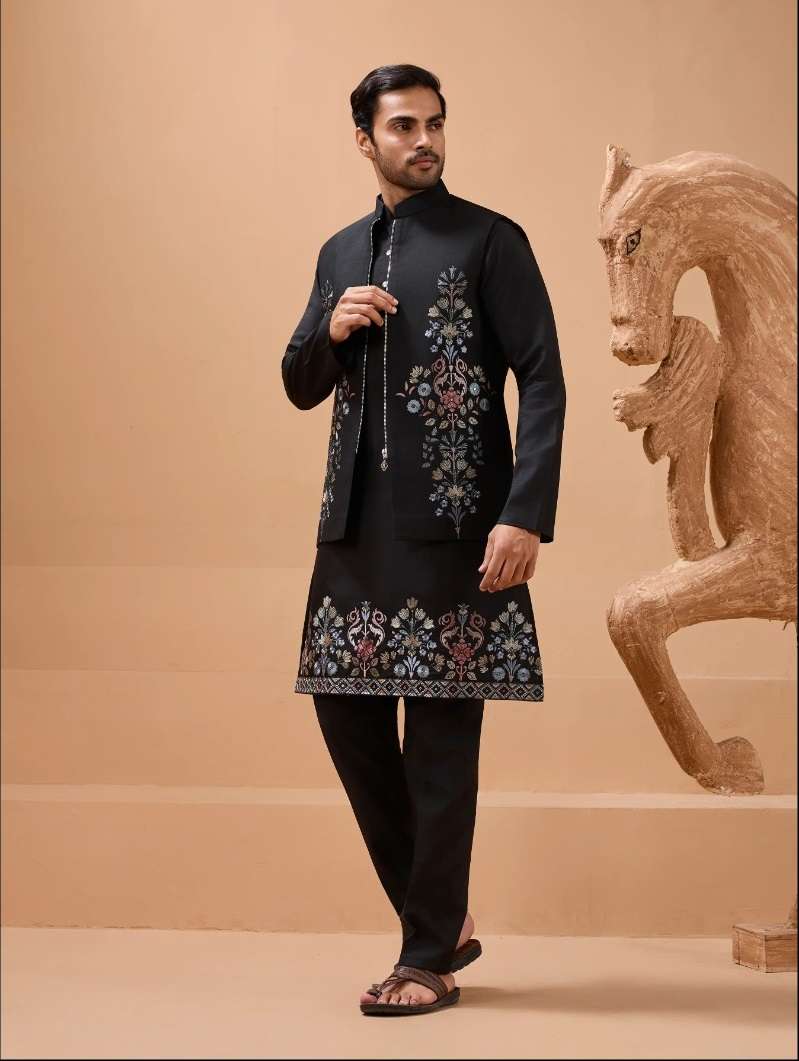 DESIGNER PARTY WEAR READYMADE INDIAN MENS BLACK VISCOSE SILK KOTI KURTA KF 21023