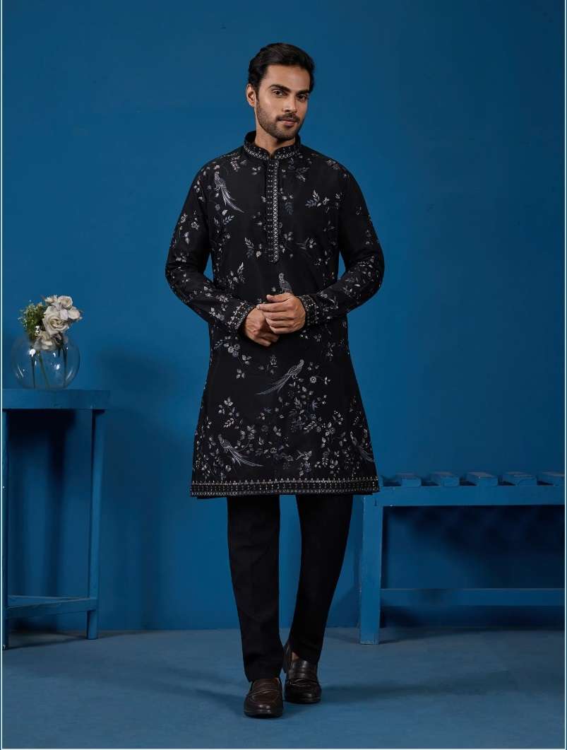DESIGNER PARTY WEAR READYMADE INDIAN MENS BLACK VISCOSE SILK KURTA KF 21011