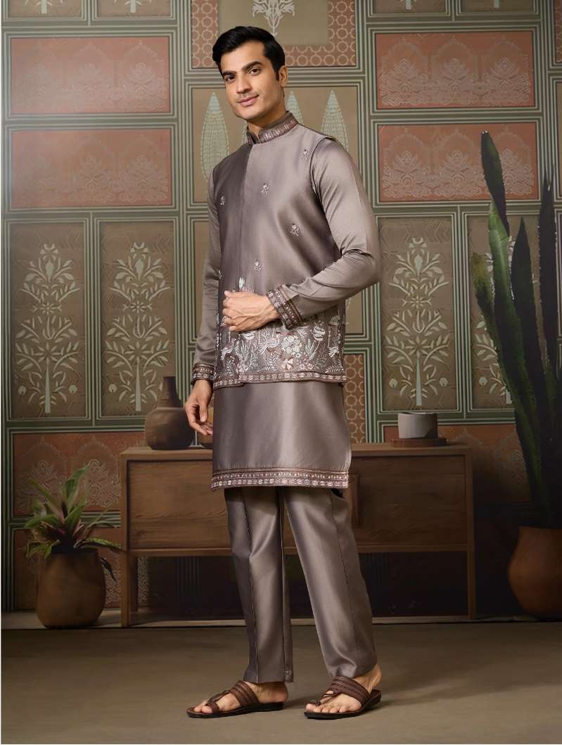 DESIGNER PARTY WEAR READYMADE INDIAN MENS GREY SILK KOTI KURTA KF 61503
