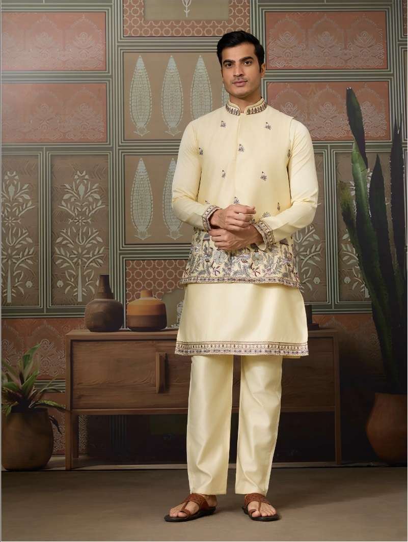 DESIGNER PARTY WEAR READYMADE INDIAN MENS LIGHT YELLOW SILK KOTI KURTA KF 61505