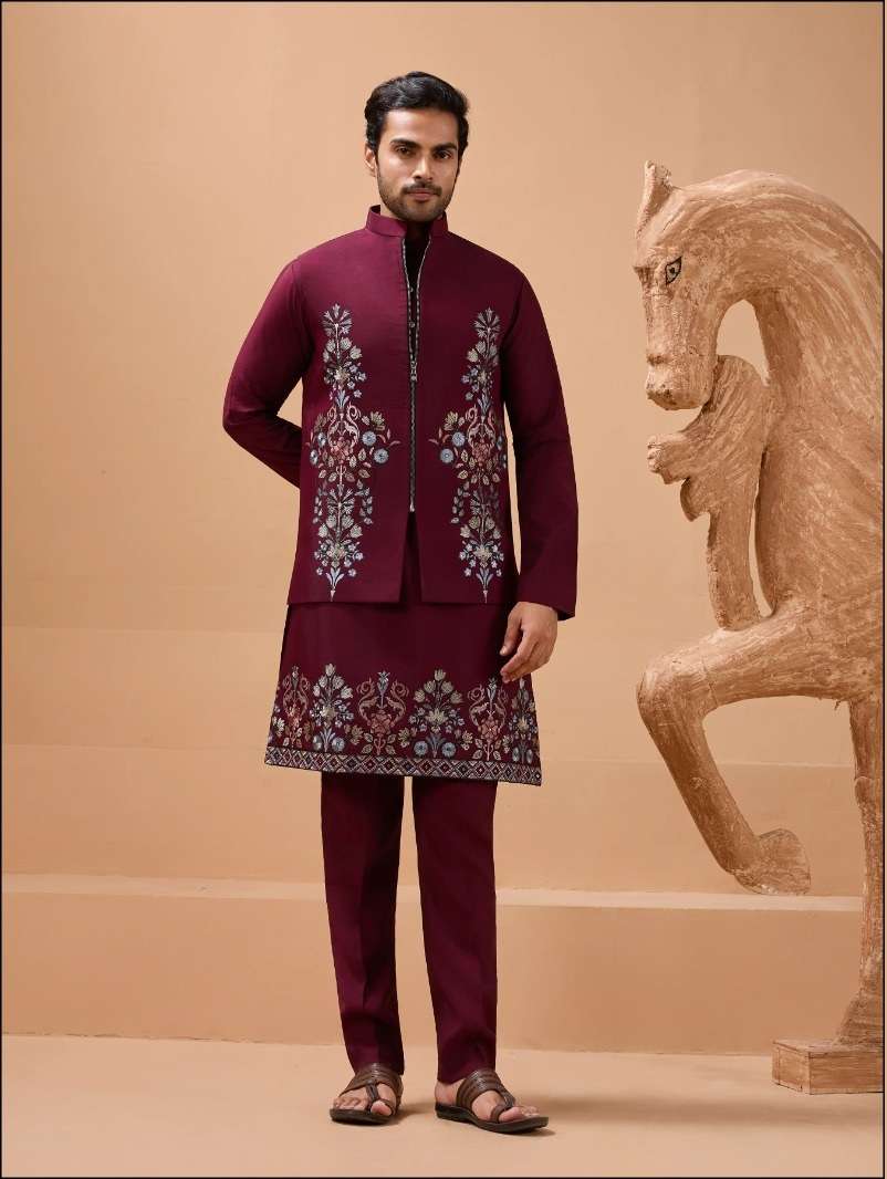 DESIGNER PARTY WEAR READYMADE INDIAN MENS MAROON VISCOSE SILK KOTI KURTA KF 21021
