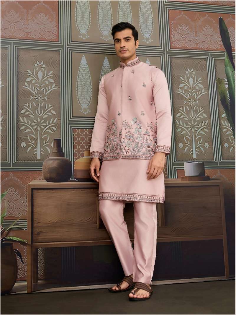 DESIGNER PARTY WEAR READYMADE INDIAN MENS PINK SILK KOTI KURTA KF 61502