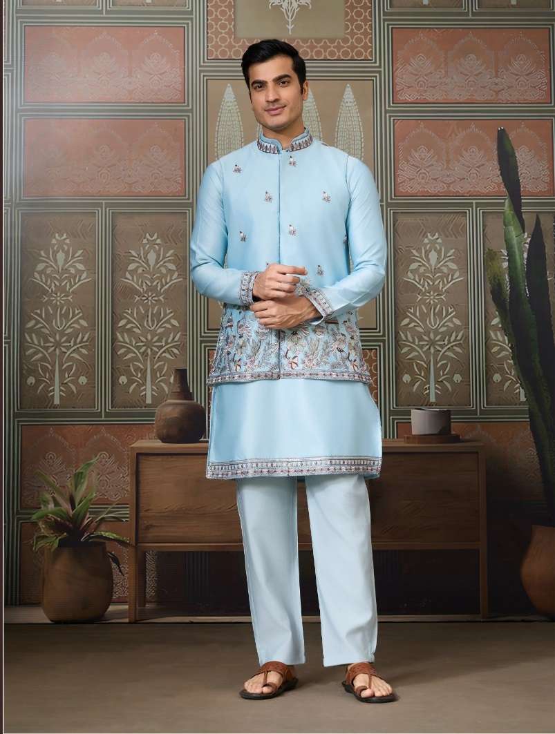 DESIGNER PARTY WEAR READYMADE INDIAN MENS SKY BLUE SILK KOTI KURTA KF 61506