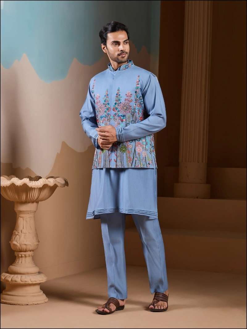 DESIGNER PARTY WEAR READYMADE INDIAN MENS SKY BLUE SILK KOTI KURTA KF 61391