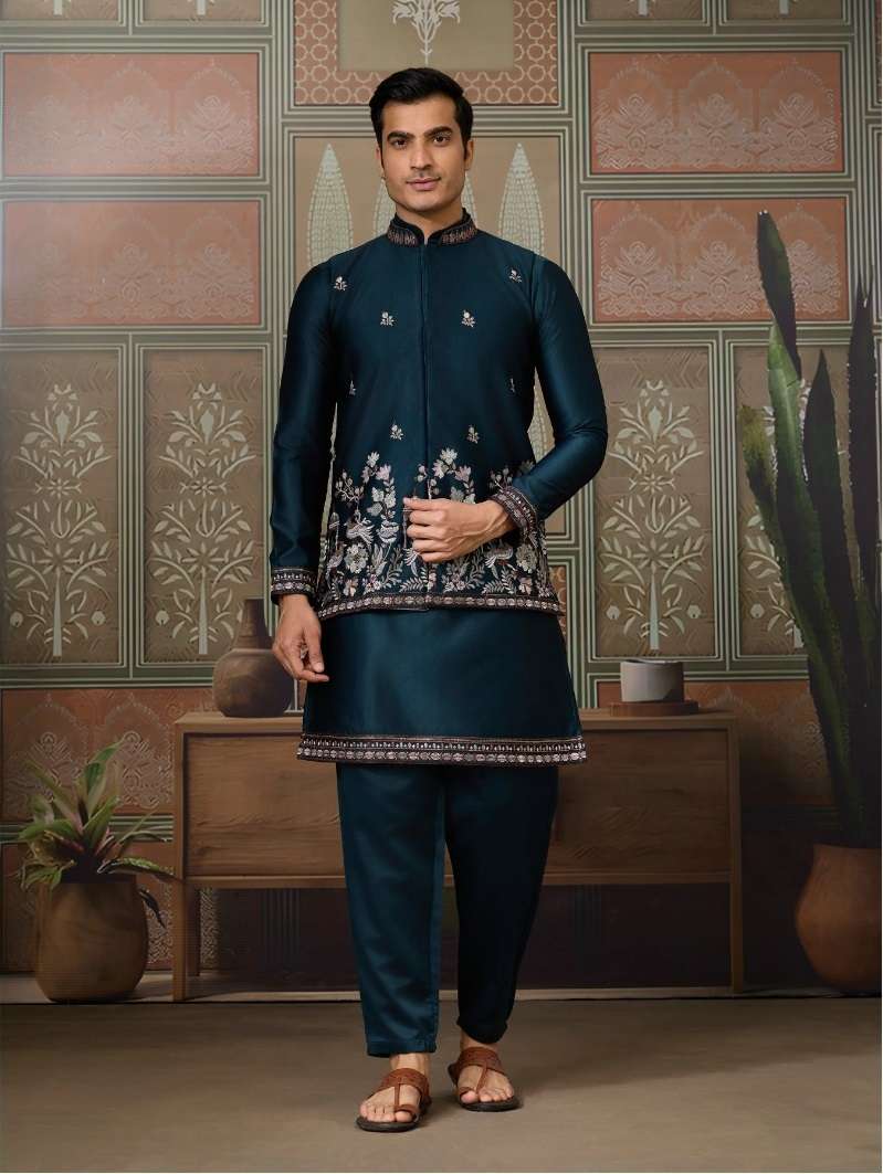 DESIGNER PARTY WEAR READYMADE INDIAN MENS TEAL BLUE SILK KOTI KURTA KF 61504