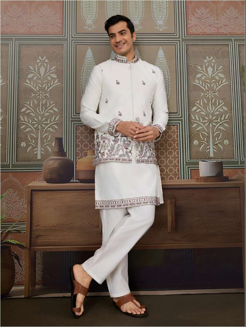 DESIGNER PARTY WEAR READYMADE INDIAN MENS WHITE SILK KOTI KURTA KF 61501