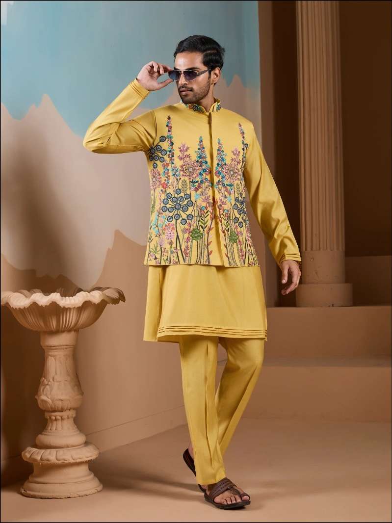 DESIGNER PARTY WEAR READYMADE INDIAN MENS YELLOW SILK KOTI KURTA KF 61392